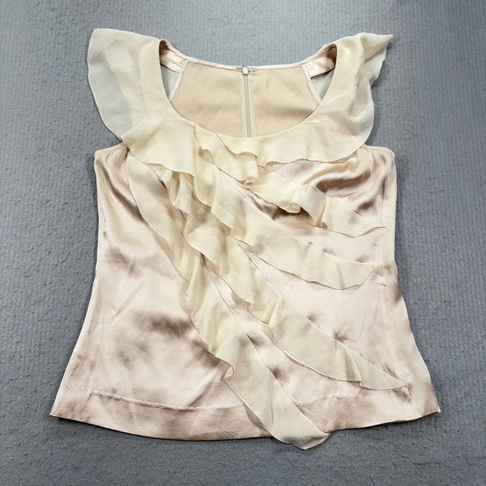 Ann Taylor Silk Blouse Womens S Champagne Ruffle Front Flutter Sleeve Top